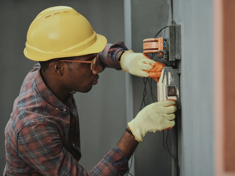 Site engineer in a hard hat carrying out electrical fit-out work