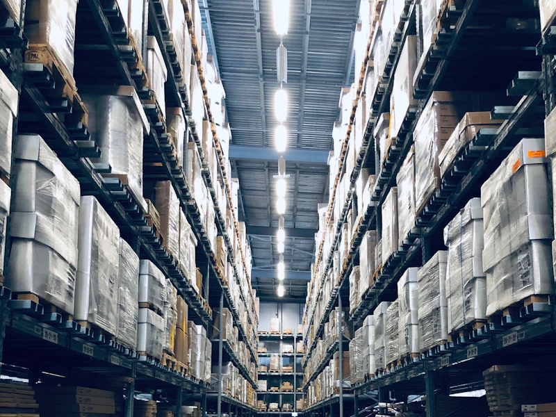 Distribution warehouse aisle lined with high-bay pallet racking